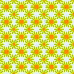 Vibrant green daisy pattern with orange centers on light blue background, arranged in repetitive rows creating a cheerful and fresh feel.