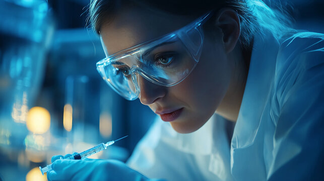 Close up of a scientist holding a syringe in a lab wearing protective eyewear and a lab coat