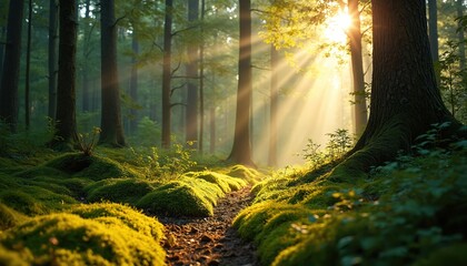 Obraz premium Sunlit forest scene with light rays filtering through rich green canopy, casting warm glow on moss-covered forest floor. Tranquil woodland path invites exploration, captures serene beauty of nature,