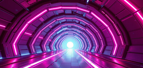Obraz premium A long, futuristic tunnel is illuminated with bright pink and blue neon lights. The end of the tunnel glows with intense light, creating an atmosphere of journey and exploration