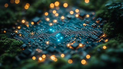 Glowing Circuit Board Embedded in Lush Green Moss Symbiosis of Technology and Nature