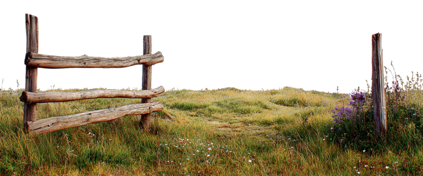 Old wooden fence in grassy meadow, isolated on transparent cutout background