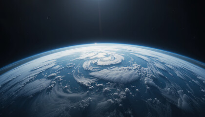 Obraz premium Captured from space, a powerful storm system spins above the Earth. The vibrant blue ocean contrasts with swirling clouds, showcasing the dynamic weather patterns at play