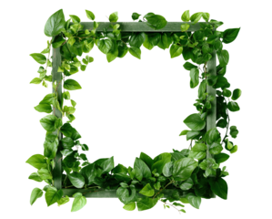 Green leafy square frame made of vines, isolated on transparent cutout background