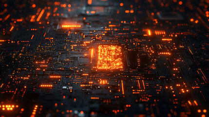 Fototapeta premium Glowing Orange Circuit Board - Abstract Technology Background