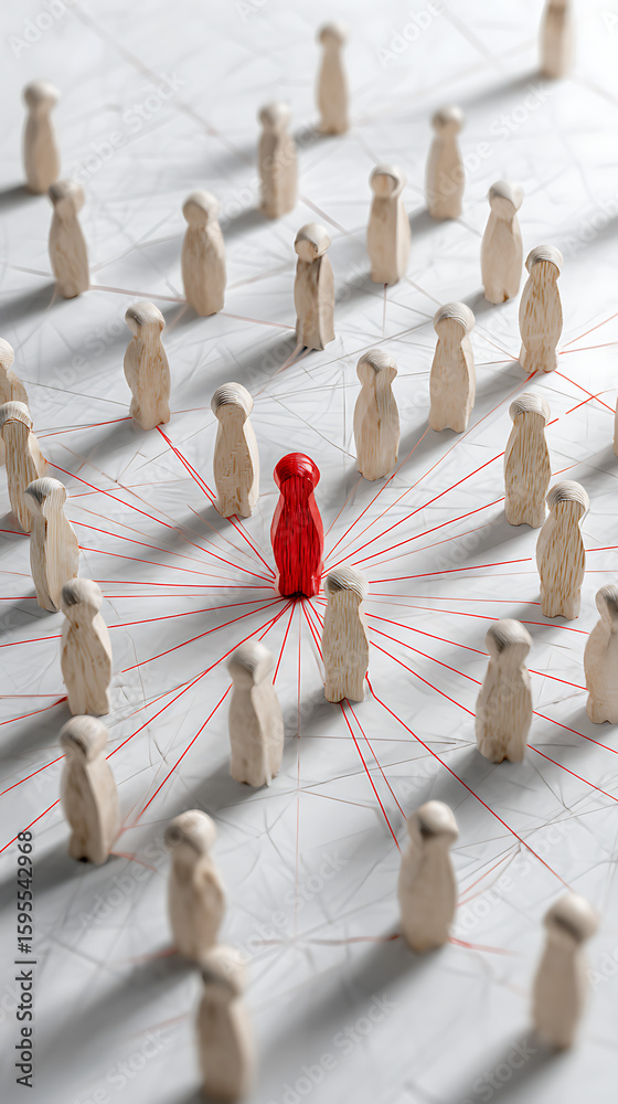 Fototapete a single red peg person standing out in a crowd of wooden peg figures representing connection and so