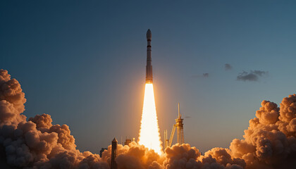 A rocket takes off into the dawn sky, leaving a trail of flames and smoke as it ascends. The bright colors of the launch contrast with the early morning clouds