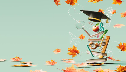 School accessories with autumn leaves on green background with copy space. Ready for school concept design. 3D Rendering, 3D Illustration