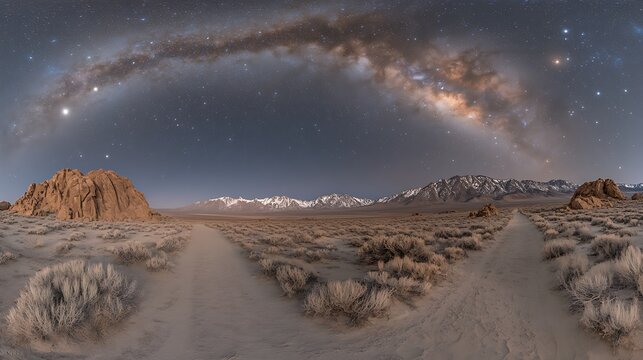 Milky way arches over a desert path at night.