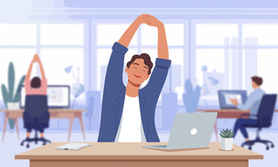 Illustration of a man stretching at his desk in an office, with other colleagues working in the background.