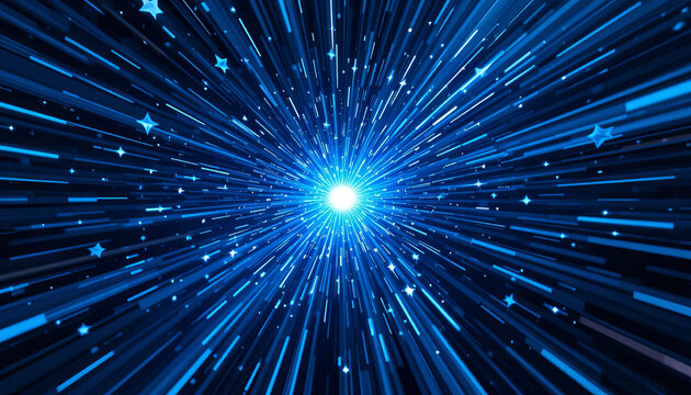 Vibrant blue beams extend outward from a bright center, simulating a cosmic explosion against a dark backdrop. This display captures the essence of motion and energy in space
