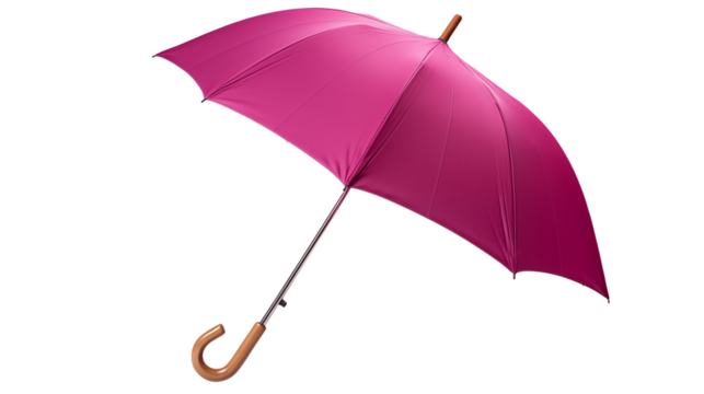 A vibrant magenta umbrella with a wooden handle and silver shaft against a black background image
