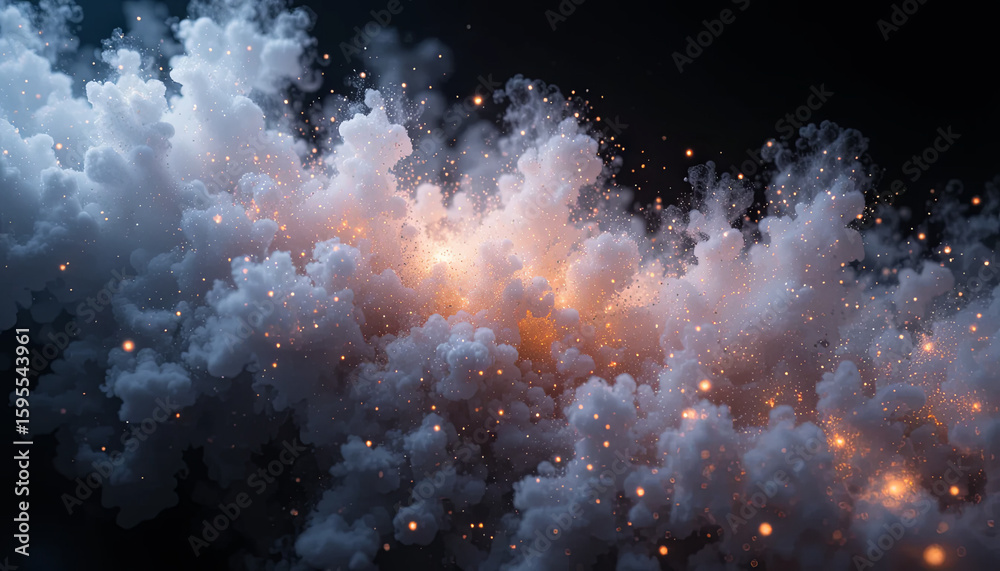 Poster a dynamic swirling mass of clouds is illuminated by shimmering fragments of light, creating a captiv