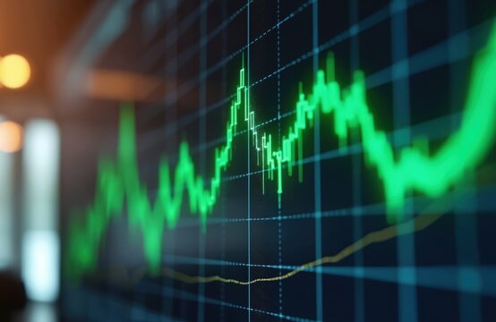 Green stock market graph displays upward trend on digital screen. Finance, economy, business, trading, chart, growth technology information, electronic investment monitor system statistic analysis