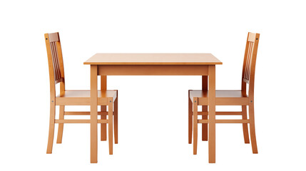 A light brown wooden table with two matching chairs set against a plain black background in a studio