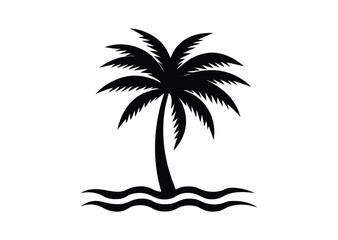 Beach with Palm Tree Silhouette black Vector white Background