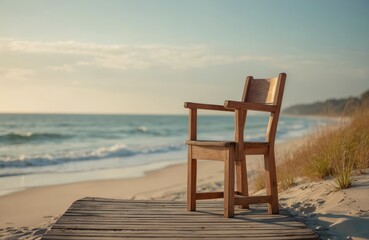 Wooden chair sits on wooden walkway on sandy beach overlooking ocean. Soft waves gently roll onto shore under clear sky. Tall dry grass lines dunes. Peaceful scene of summer relaxation, tropical