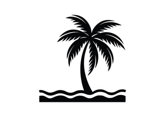 Beach with Palm Tree Silhouette black Vector white Background
