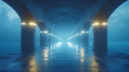 Futuristic Pier at Night Illuminated Arched Pathway Over Water