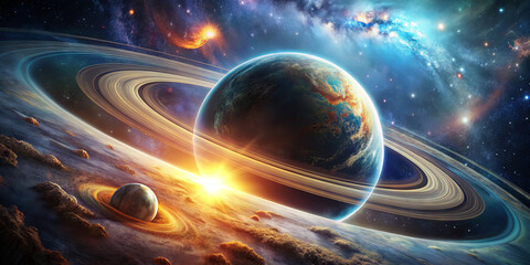 In a stunning depiction of the cosmos, vibrant planets with intricate rings shine brightly as a radiant sun rises, illuminating the galactic backdrop filled with stars and nebulae