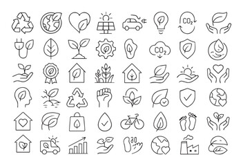 Collection of Eco-Friendly Icons for Sustainable Living and Environmental Protection