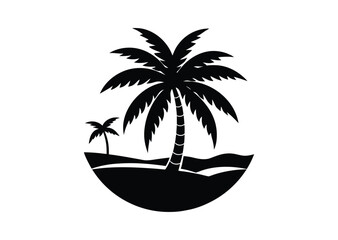Beach with Palm Tree Silhouette black Vector white Background