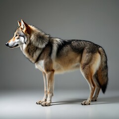 Obraz premium Side view of majestic gray wolf standing alert. Wild animal exhibits detailed fur, focused gaze against clean white background. Full body display highlights natural beauty, predatory, perfect for