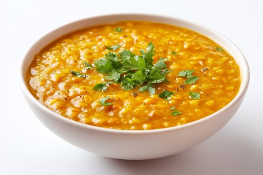 Delicious bowl of dhal curry topped with fresh coriander served on a clean white background, perfect for showcasing vibrant flavors and nutritious ingredients