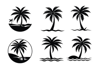 Beach with Palm Tree Silhouette Vector Set