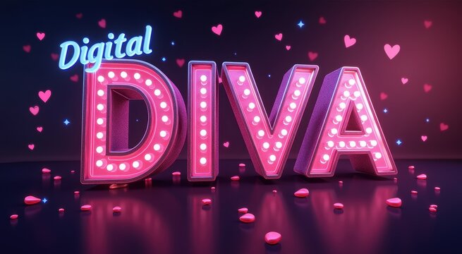Digital diva text a close up of a neon sign with hearts around it
