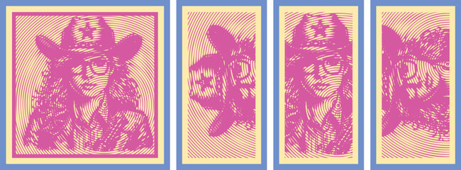 Abstract Line Art Female Sheriff in Cowboy Hat with Glasses - Unique Western Illustration
