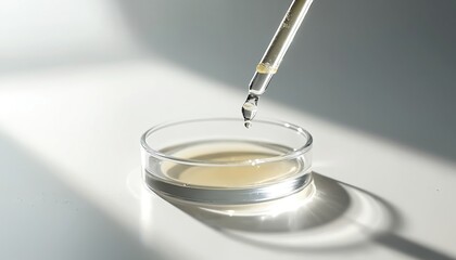 Retinol serum, cosmetic skincare fluid, drips from glass pipette into petri dish. Yellow liquid with bubbles, shadows creates laboratory analysis of beauty products. Focus on science, collagen,