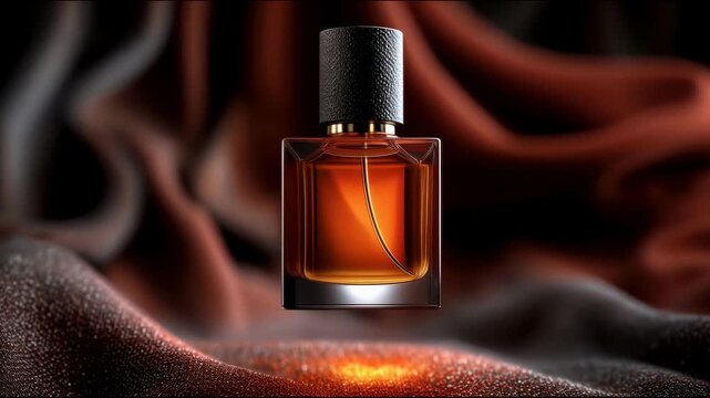 Stylish men's perfume bottle with dark glass and golden liquid suspended over textured fabric with warm brown-orange tones