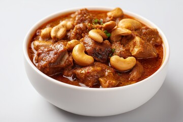 Mafe peanut meat stew served in a white bowl with cashews on a neutral background highlighting rich colors and textures