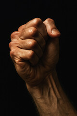 Tightly clenched hand rises from darkness, veins and knuckles highlighting restrained power and determination, generative AI