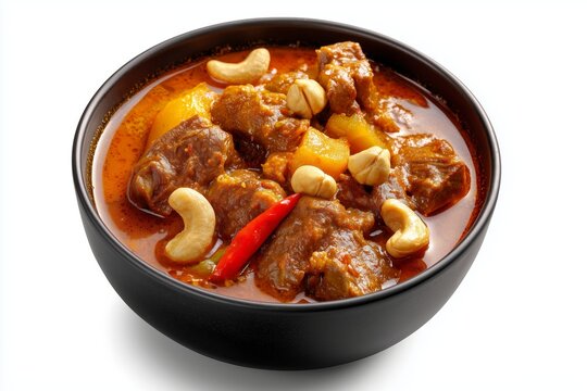 Delicious mafe peanut meat stew served in a black bowl with cashews and peppers garnishing the rich, savory dish