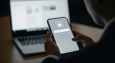 Businessman using smartphone to access secure digital account with password protection