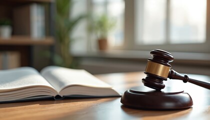 Fototapeta premium Courtroom gavel and open law book on wooden table. Professional legal setting suggests justice, regulations, and court proceedings. Focus on judicial system, trial, and legal education.