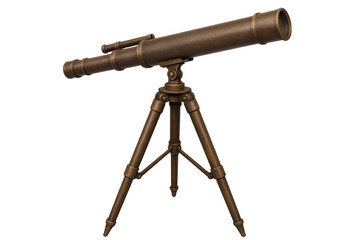 Vintage brass telescope perched on wooden tripod, symbolizing nautical exploration against transparent backdrop
