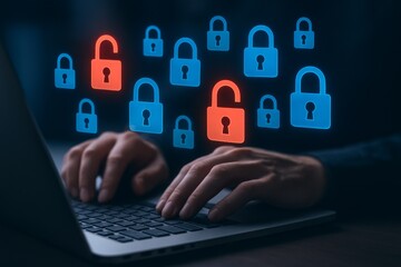 Modern technology data protection with floating padlocks and user interaction in holographic display