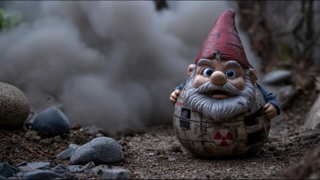 Garden gnome with white beard and red cap sitting on spherical object with radiation symbol, with explosion with smoke and fire among rocks and vegetation in background