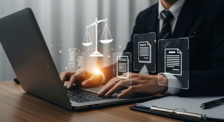 Technology-driven legal workflow with lawyer managing documents and justice symbols digitally