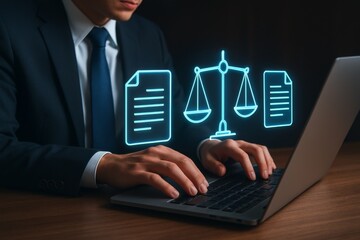Technology-driven legal workflow with lawyer managing documents and justice symbols digitally