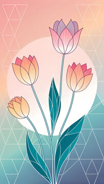 Colorful tulips with geometric patterns in pastel background  
