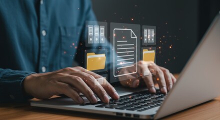 Efficient digital workflow with floating document and folder icons on laptop screen