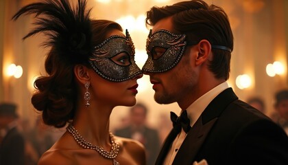 Elegant couple in ornate masks at 1920s masquerade ball. Woman wears feather headdress, elaborate jewelry. Man in tuxedo. Soft background lights suggest festive atmosphere. Mystery, romance, glamour © miss irine