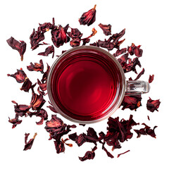 Top view of a glass cup filled with red hibiscus tea surrounded by dried hibiscus flowers isolated on transparent background