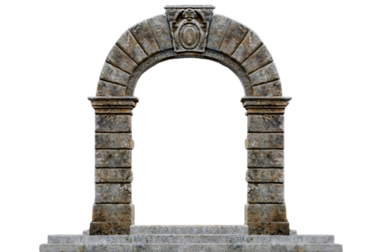Stone arch gate isolated on white background for ancient architecture and historic design themes
