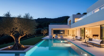 A modern house with a pool at night.