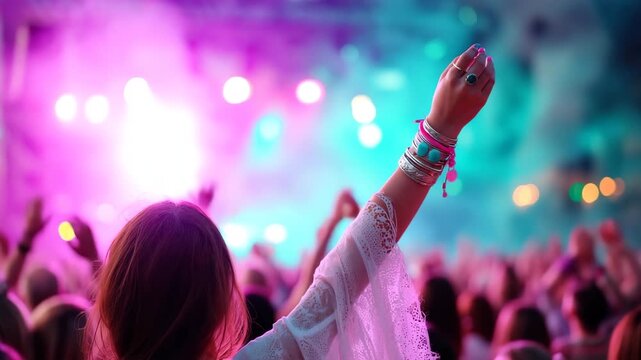 女性が腕を挙げて音楽フェスを楽しむ